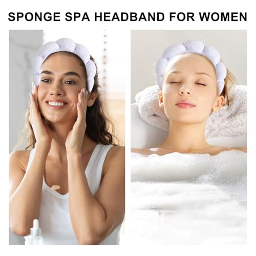 Beleki Spa Headband for Washing Face Wristband Set Sponge Headband Makeup Skincare Face Washing Headband Terry Cloth Bubble Puffy Hairband Non Slip Headwear Hair Accessory for Women - White - color: White