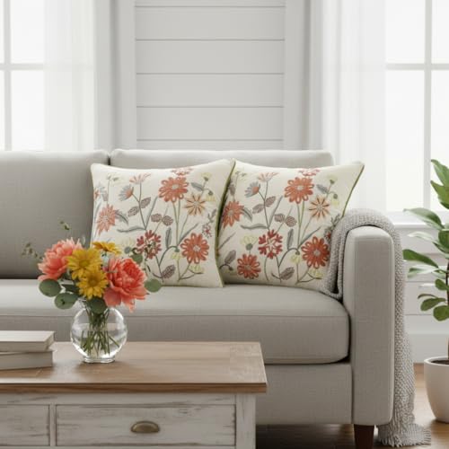 Embroidered Throw Pillow Covers 18x18 Pack of 2 Orange Floral - color: Orange Flowers