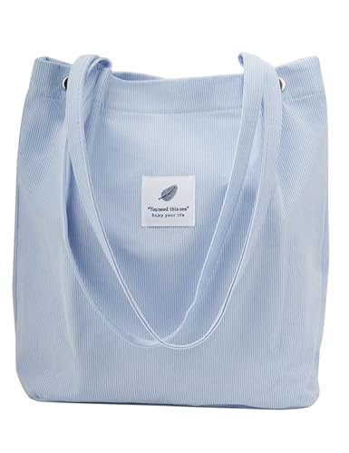 Corduroy Tote Bag Cute Tote Bags for Women Shoulder Bag with Inner Pocket for Work Beach Travel and Shopping Grocery - style: Mist Blue