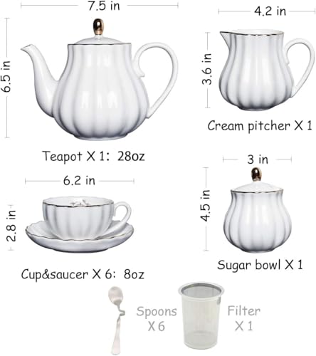 Sweejar Porcelain Tea Sets British Royal Series, 8 OZ Cups & Saucer Service for 6, with Teapot Sugar Bowl Cream Pitcher Teaspoons and Tea Strainer, Suitable for High Tea, Wedding, Party（Beige） - color: Beige