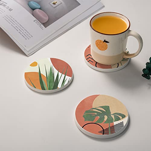 HUXJOKO Coasters for Drinks Set of 6,Modern Boho Tropical Leaves Absorbent Ceramic Coaster,Round Stone Mat,with Cork Base and Metal Holder for Coffee Table Room Bar Home Decor Housewarming Gifts - color: Boho Tropical Leaves, size: Round