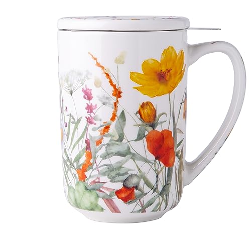 AmorArc Tea Cup With Infuser and Lid, 18oz Loose Leaf Tea Mug With Steeper - color: Tulips