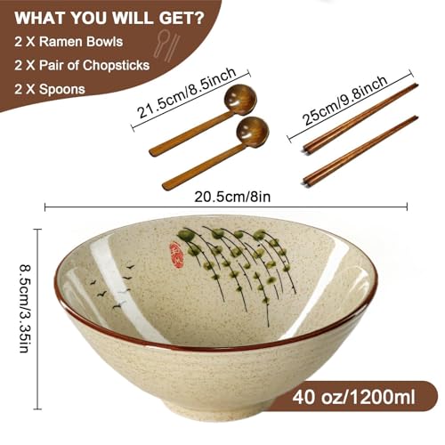 Ceramic Ramen Bowl Set, 2 Sets 34 Ounces Large Japanese Noodle Soup Bowls with Spoons and Chopsticks for Soup Udon Soba Pho Asian Noodles Pasta Salad