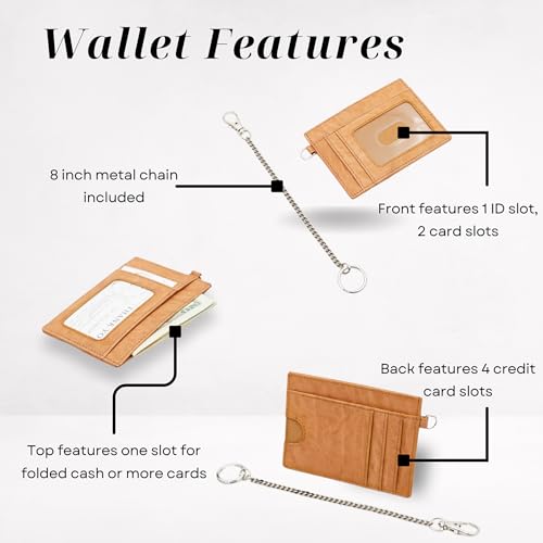 Leather Credit Card Holder with Keychain, Slim RFID Wallet (Tan) - color: Tan