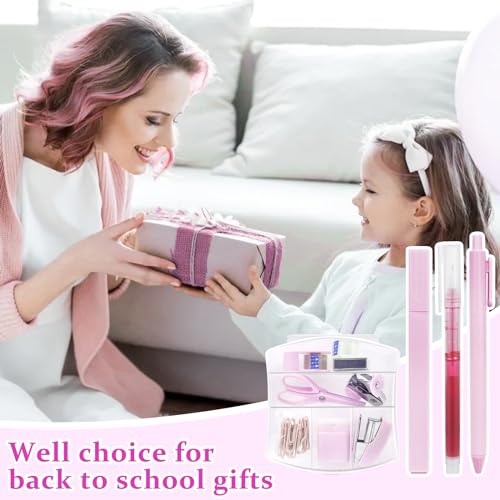 Mini School Supplies Kit, Pink Stapler with Staples and Tape Dispenser Set, Mini Stationary Set Includes Sticky Notes Index Tabs Highlighters Gel Pens for Office & Back to School Supplies - color: Pink