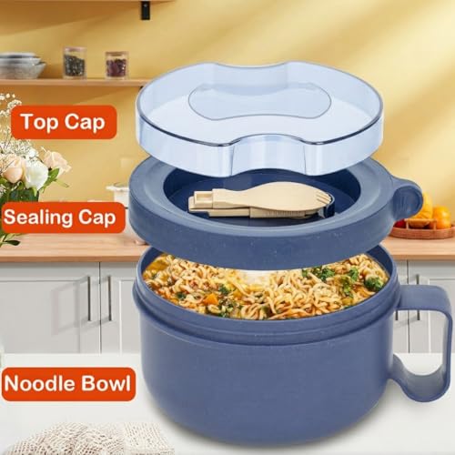 2 Pack Soup Bowl with Handles, Microwave Ramen Bowl with Lid for Soup and Instant Noodles,Oatmeal, Gumbo, Salad,BPA Free - color: Sapphire Blue，Rock Grey