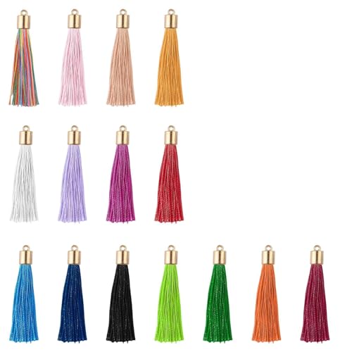 Mini Tassels Charm, 90pcs Metal Caps Mixed Color Mini Tiny Handmade Craft Tassels Charms for DIY Jewelry Necklace Making Accessories - color: 15 Colors-5.5cm