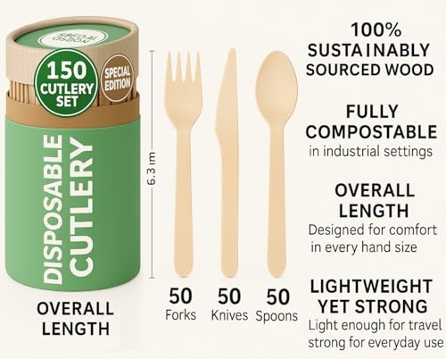(150 Pcs) Special Edition Compostable Cutlery Set - Disposable Wooden Cutlery Set - Alternative to Plastic, Eco Friendly, Biodegradable, 50 Each Wooden Spoons, Knives, Forks Disposable Utensils Set - size: 150Pcs Cutlery