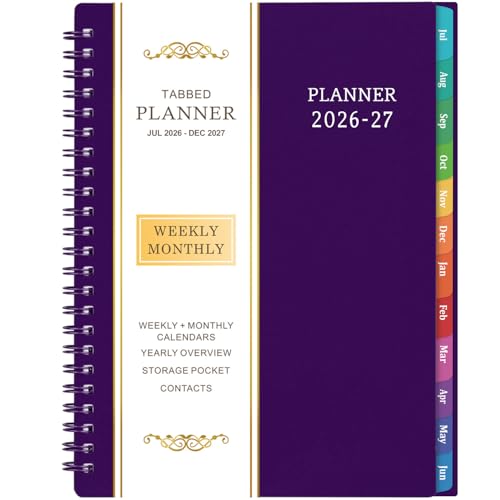 Planner 2026-2027 - July 2026 - June 2027, 2026-2027 Planner Weekly and Monthly, Academic Planner, Calendar Planner with Colorful Tabs, 6.25" × 8.3", Strong Twin-Wire Binding, Back Pocket, Holidays - color: Purple