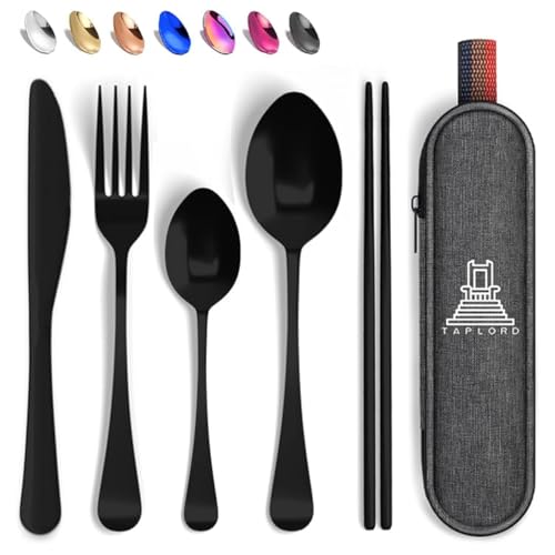 Travel Utensils With Case, 5 Pcs portable silverware set (Black) - color: Black, size: 5 Pieces