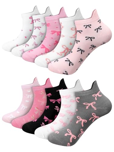 Shihanee 10 Pairs Coquette Bow Socks for Women, Pink Cotton Crew