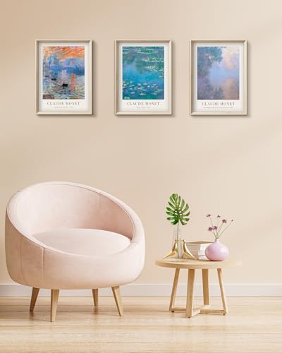 HesenDot Framed Claude Monet Water Lilies Canvas Wall Art Set of 3 12x16in - color: Framed Monet Vintage, size: 16"L x 12"W