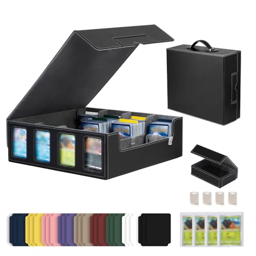 Trading Card Storage Box with Commander Display, 4-Row Deck Case with Removable Lid & Handle, 3000+ Card Organizer with 24 Colorful Dividers & 4 Stoppers for MTG, Black & Grey - color: Black & Grey, size: 3000+, with Handle