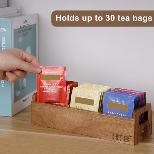 HTB Acacia Wood Small Tea Bag Box with 3 Compartments for Counter Drawer - color: Acaica Wood 1PCS