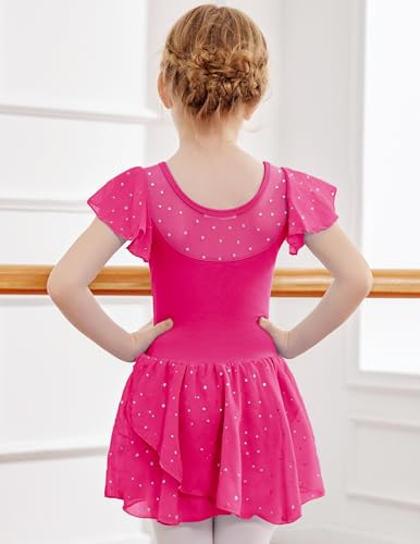Zaclotre Girls Ballet Leotards Ruffle Sleeve Sparkle Dance Leotard - color: Hot Pink, size: 8-9 Years