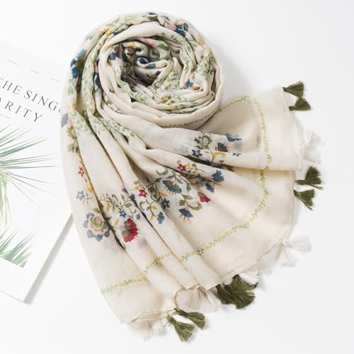 QIUTIMIY Scarf for Women Lightweight Soft Floral Leopard Printed Scarves Fall Winter Fashion Shawl Wrap with Fringe - color: Flower-beige Green