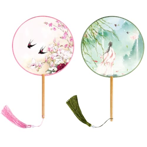 BAOZOON 2 Pcs Silky Translucent Ancient Round Fan Classic Silk Hand Held Fans Floral Pattern Palace Paddle Dance Fan with Tassel Wooden Handle Wedding Favor Gift Home Decor(Color#6) - color: Color#6