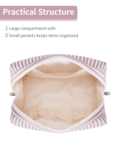 Narwey Makeup Bag Travel Toiletry Bag, Cosmetic Bag for Women Girls - color: A-Dusty Rose Stripe, style: Large