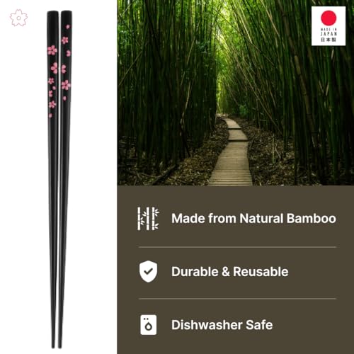 Portable Bamboo Chopsticks with Case – Reusable Travel Chopsticks Utensil Set, Dishwasher Safe, Sakura Pattern, Made in Japan - color: Black