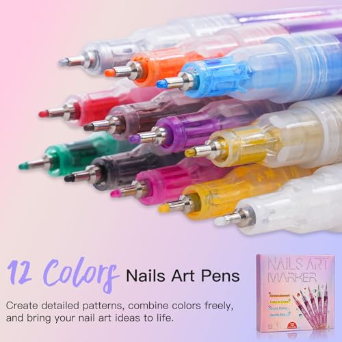Biutee 12 Colors Nail Art Pens Set for Painting Nails 0.5 mm Fine Tip 3D - color: MulticolorA