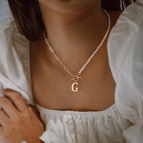 Yoosteel Pearl Initial Necklace for Women, Dainty Pearl Chain Choker Initial Necklaces for Women Toggle Clasp Paperclip Link Chain Necklace Jewelry Gifts - color: Gold, style: G