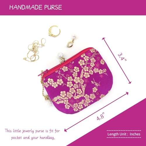 Handmade Women Coin Purse Brocade Rosary Bag Silk Jewelry Pouch Zipper Wallet - Magenta - color: Magenta