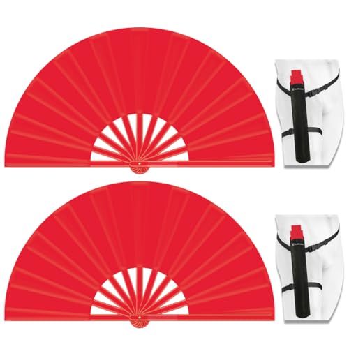 13" Large Folding Rave Fan with Holster, Clack Hand Fans Foldable for Line Dancing, Boots On The Ground Fan for Women Men Festival EDM Party Decoration, Red 2 Pack - color: Red