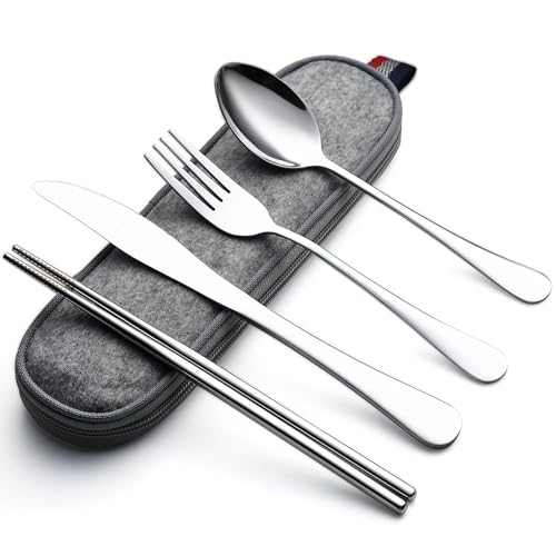DEVICO Travel Utensils with Case, 5 Piece Portable Silverware Set for Work - color: Silver