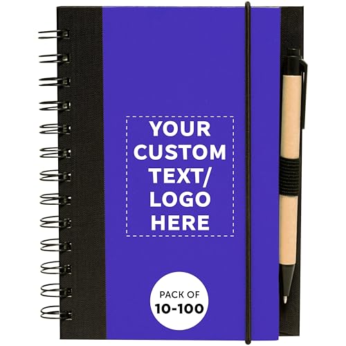 DISCOUNT PROMOS Custom Eco Block Notebooks with Pens Set of 10/50/100, Personalized Bulk Pack - Perfect for School, Office, Business, Home- Blue - color: - Custom – Blue, size: 10/50/100 notebooks