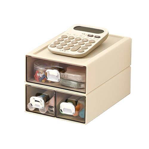 Desktop Storage Drawers, Stackable Countertop Organizer with Drawers - color: 1 Middle & 2 Small Drawers, Cream