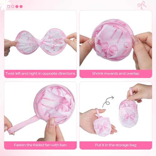 AceOrbit 24 Pcs Pink Bow Round Foldable Hand Fans Bulk 8 Style Coquette Japanese Foldable Fan Pop up Round Handheld Cooling Fan with Pouch for Women Bachelorette Birthday Bridal Party Favor Decoration - style: Pink Bow