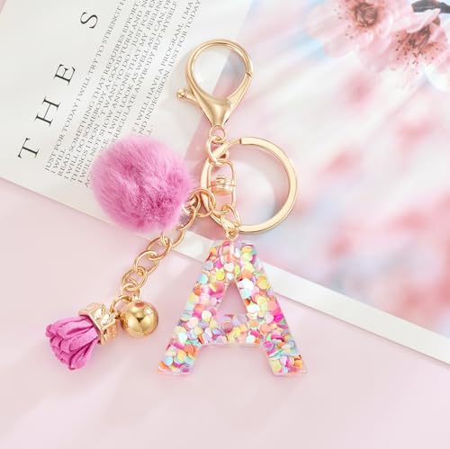 Resin Alphabet Initial Letter Keychain Keyring for Women Purse Handbags With Fur Ball Pom - color: Deep Pink Fur Ball Letter a