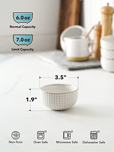 LE TAUCI 3.5 Inch Small Bowls, TINY Embossed Ceramic Dip Bowls, Sauce Dishes, Condiment Cups for Appetizers, Sushi Soy Sauce, Dessert, Ice Cream, Oven & Dishwasher Safe - Set of 4, Arctic white - size: 3.5 INCH