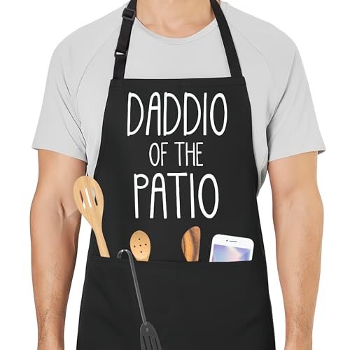 Daddio Of The Patio Funny Aprons for Men with 2 Pockets, Cooking Apron for Dad, Gag Gifts for Men, Adjustable BBQ Grilling Apron for Husband, Chef Kitchen Gifts for Birthday & Father’s Day - A03 - color: Daddio of the Patio