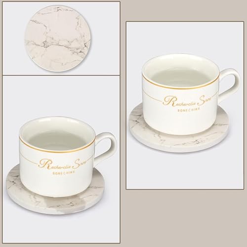 4inch Round White Marble Coaster with Gold Storage Rack 6pcs - color: White Coasters