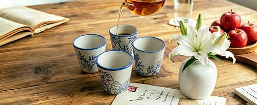 6 oz Japanese Tea Cups, Matcha Cups Ceramic, Handless Espresso Cups - color: Blue-Plants 2