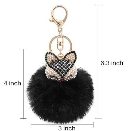 Faux Rabbit Fur Pom Pom Keychain with Fox Head - color: Black