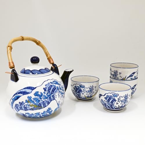 Urban Tokyo Hokusai Inspired Great Wave Porcelain Tea Set with Bamboo Handle, 30 oz Teapot with 4 Cups, Blue and White, Gift Box