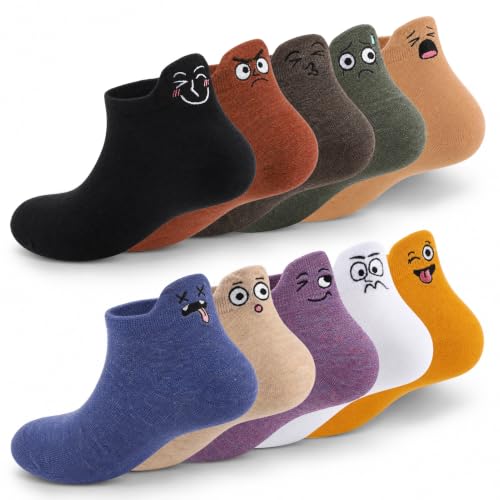 10 Pairs Cute Kawaii Embroidered Low Cut Ankle Socks - color: Muted Neutral Wide-eyed Face