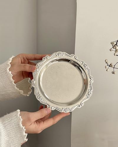 2PCS Coffee Table Tray 5.9in Round Decorative Tray Vintage Metal Dessert Plates for Snacks Fruit Silver - color: Silver, size: 5.9 in