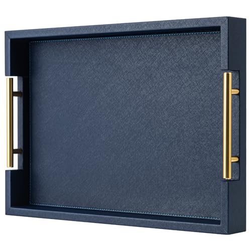 Navy Blue Faux Leather Serving Coffee Tray with Gold Handles,Rectangle Decorative Trays for Home Decor Large Ottoman Tray for Living Room - color: Blue, size: 17" x 12" x 2"