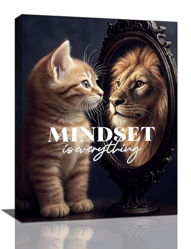 Motivational Lion And Cat Wall Art For Kids Mindset Is Everything Nursery Canvas Wall Decor Inspirational Pictures Paintings Prints Artwork Framed Decorations For Children's Room Bathroom Bedroom Living Room Office Gifts 12" x 16" - color: Cat And Lion, s