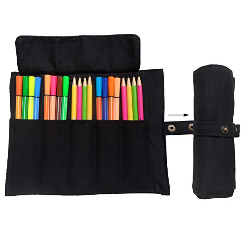 Canvas Stationery Handmade Foldable Rollup Pencil Case Travel Pen Holder Wrap Black - color: Black, size: 1