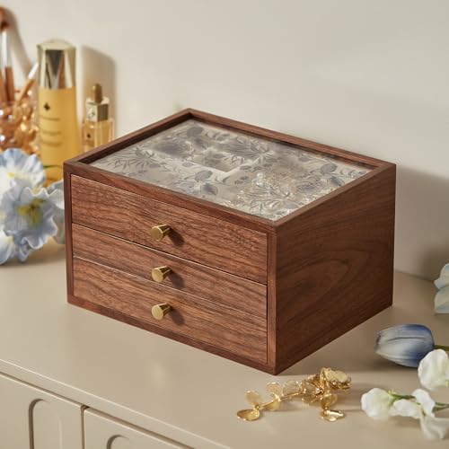 Black Walnut Wooden Women Jewelry Box with Glass Lid, 3 Layer - style: 3 Layer B