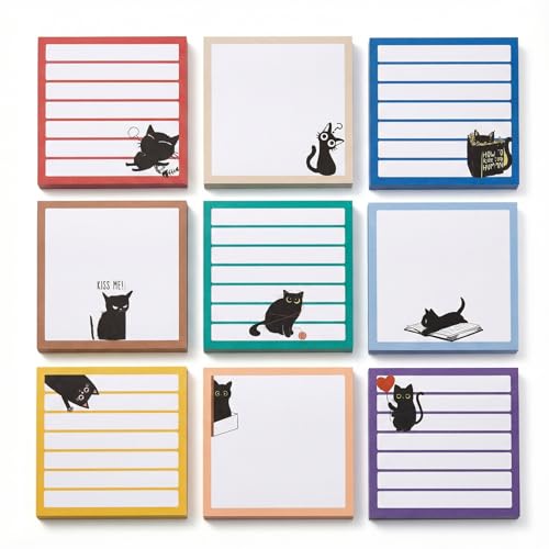 Cute Sticky Notes 9 Pack, 3x3 Inch Adhesive Memo Pads 450 Sheets, Lined and Blank, Kawaii Kitten Stationery, Funny Cat Lover Gifts for Women, Office Desk School Supplies - color: Classic Black Cat