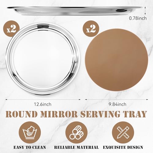 Lemonroad 2 Set Round Silver Mirror Serving Tray 12.6 Inch - size: 12.6 Inch