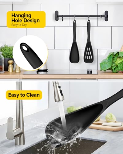 BUNDLEPRO Silicone Cooking Spoons for Nonstick Cookware, One-Piece, 2 Pack - color: Black