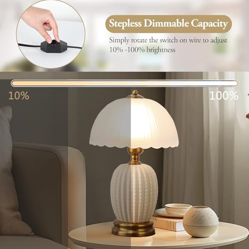Ceramic Table Lamp Dimmable for Living Room, 16" Modern Vintage Bedside Nightstand Lamps with White Glass Shade,Classic Chinoiserie Retro Bedroom Lamp for Night Stands, Dorm,Office, Home Decor - color: White Pineapple