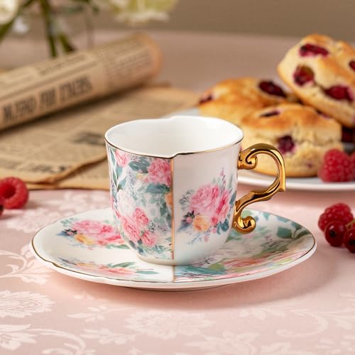 KAMMAK Tea Cups and Saucers Set of 2, 4 oz Porcelain Coffee Cups, YX013 - size: 8CZYX013