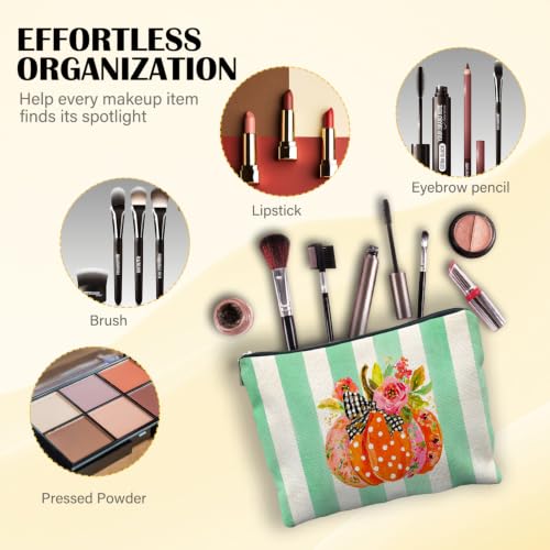 Preppy Fall Pumpkin Linen Makeup Bag Gifts for Women - color: fall pumpkin
